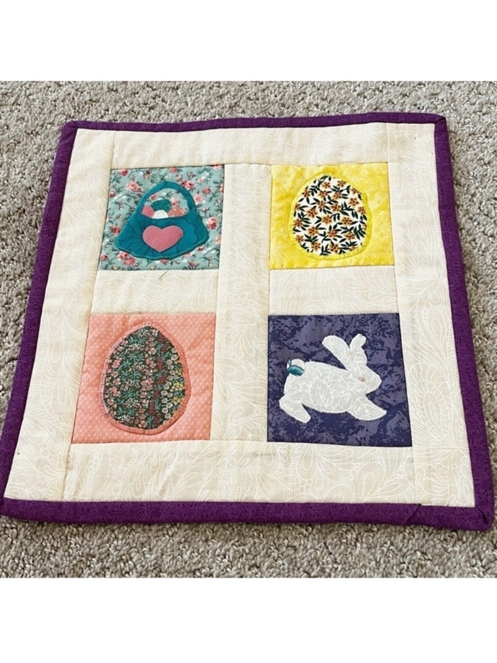 Handmade Quilted Wall Hanging Easter Eggs Basket Bunny Pastel Spring Purple